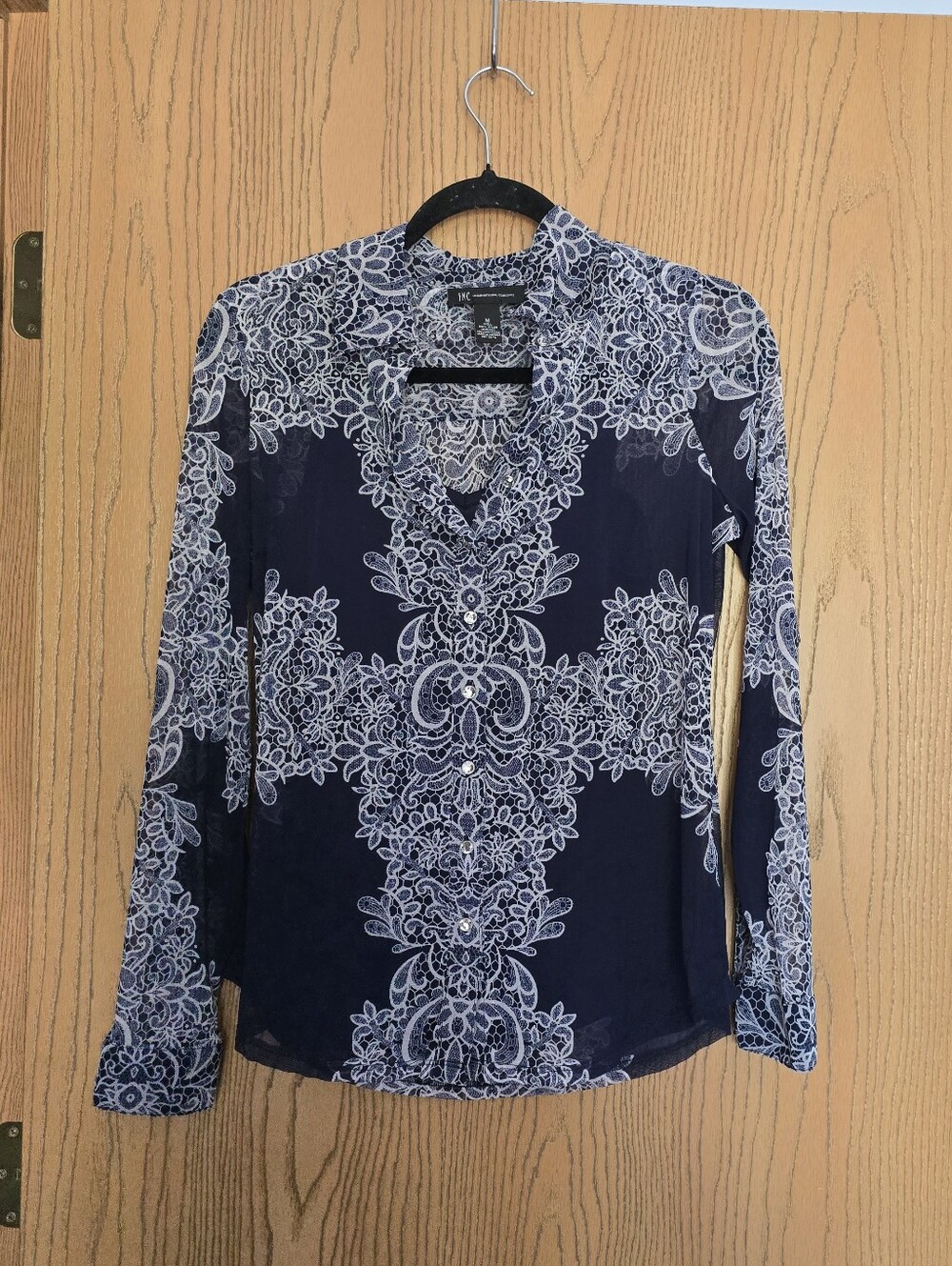 INC International Concepts Navy and White Lace-Print Button-Front Blouse